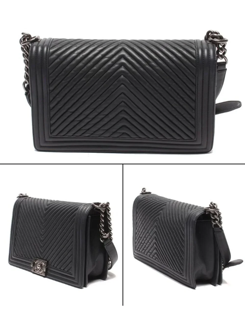 Chanel Chain Shoulder Bag Silver Lambskin Boy Stitch